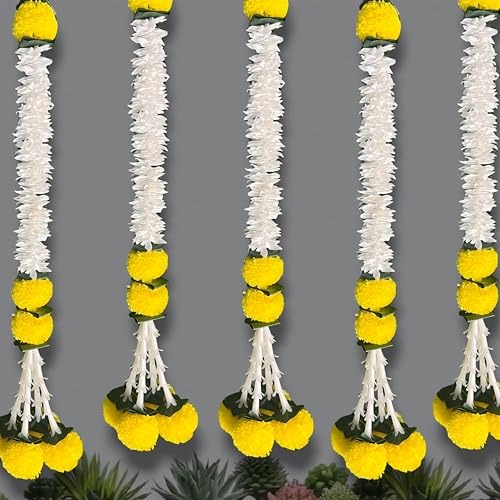Image of Rajasthan Kraft Artificial Pack of 6 Marigold Gajra Hanging, 27 Inch Yellow Floral Hanging for Home Decor, Balcony, Diwali, Ganesh Chaturthi & Festival Decoration