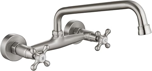 gotonovo Grifo de montaje en pared de níquel cepillado de 8 pulgadas, 2 pomos cruzados, mango victoriano comercial con boquilla de 9 pulgadas