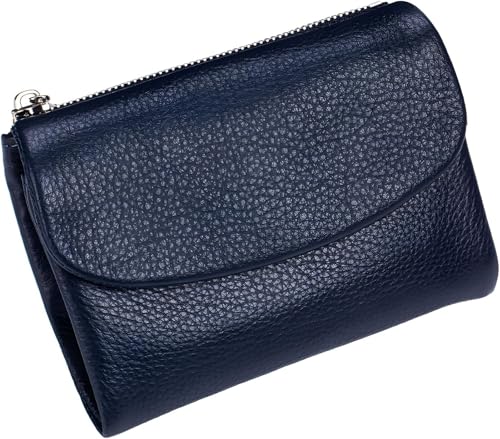 Unisex Pebble Leather Wallet, Genuine Full Grain Small Bifold Purse with Coin Holder, Credit Card Slots & Zippered Pockets, Natural Stone Texture, Multicolor, for Men & Women (Dark Blue)