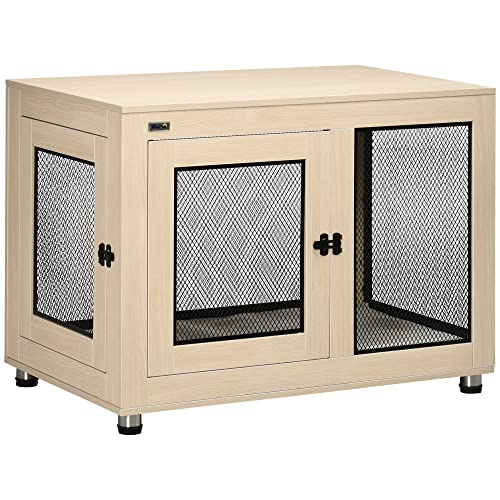 PawHut Hundekäfig Möbel mit 2 Türen waschbaren Kissen Moderne Stahl Hundebox für Zuhause Indoor Hundehütte für große Hunde bis zu 30 kg Hundehaus 94x60x71,5 cm Eiche