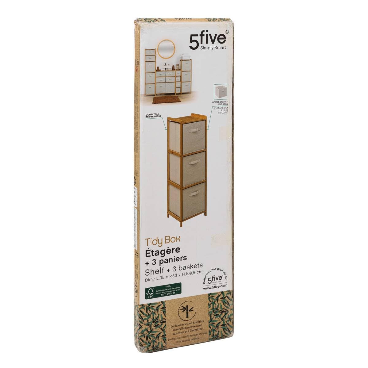 5five - scaffale tidy box con 3 cestini in bambù marrone