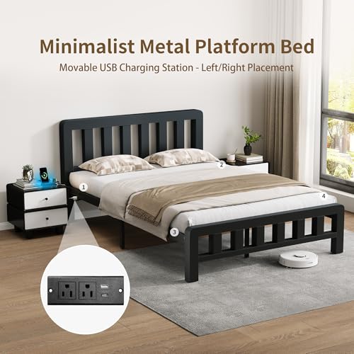 Image of Metal Bed Frame, Full Size Platform Bed Frame with Headboard, 2000 LBS Heavy Duty, USB /Type-C Charging Station, No Box Spring Needed, 10 inch Underbed Storage, Noise-Free, Easy Assembly, Black
