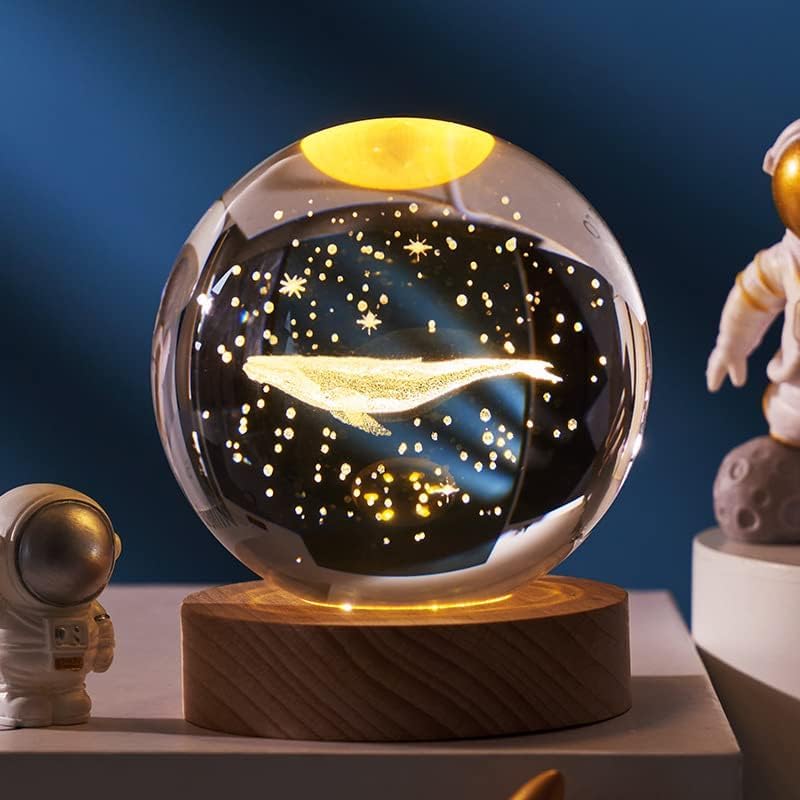 Boule cristal veilleuse projection lampe base bois USB