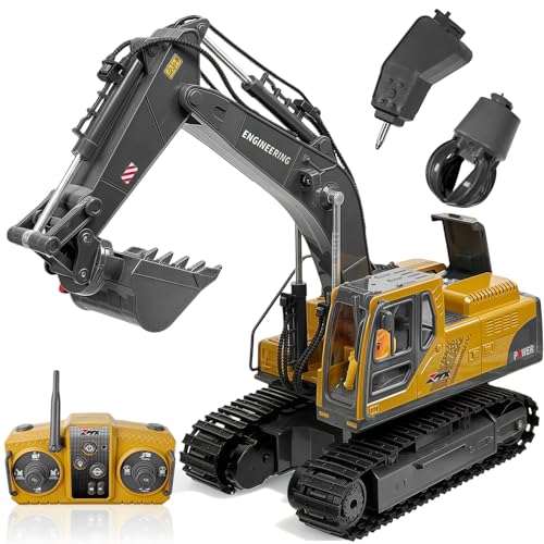 kolegend 3-in-1 Ferngesteuerter Bagger, 14-Kanal RC Bagger Spielzeug mit DREI Metallköpfen, 680° Drehbarer Radlader mit Lichtern & Musik, Geschenk Ab 6-12 Jahre