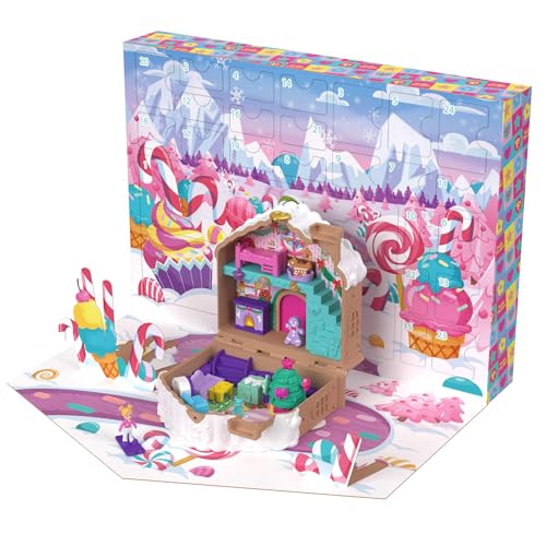 Polly Pocket Calendario de Adviento, Conjunto de juego de casita de jengibre para construir con muñeca, más de 24 sorpresas, muebles de casa de muñecas y accesorios navideños, JFV13