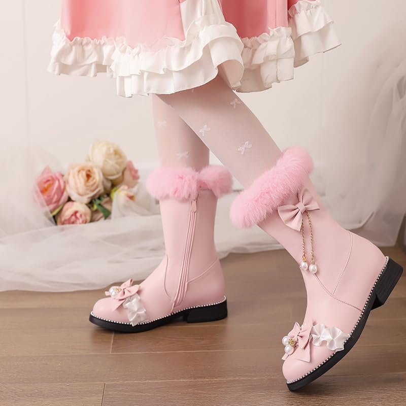 Caradise Women's Lolita Winter Boots Cute Bow Low Chunky Heel Mid Calf Warm Fur Lined Snow Short Boots with Zipper2