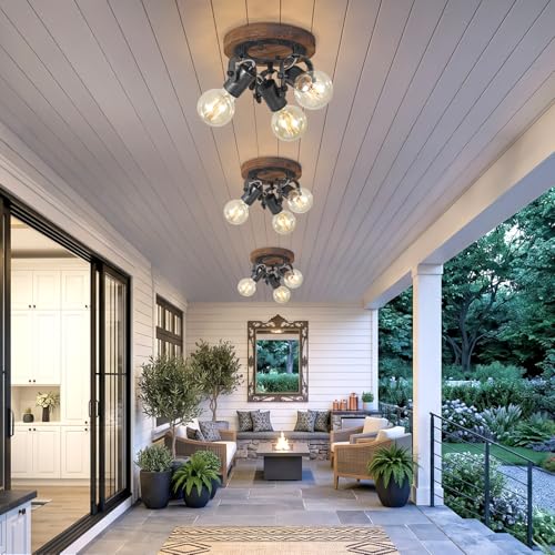 Image of Farmhouse Ceiling Light Fixture with Wood Base, 3-Light Adjustable Industrial Track Lighting, Rustic Black Metal Spotlight Ceiling Lights for Kitchen Bedroom Hallway