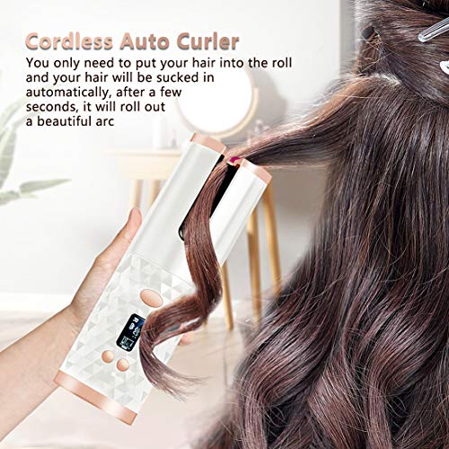 Cordless Automatic Hair Curler-KFF Portable Electric Wand Curling Iron-Recharger Auto Crimper Hair Waver with LCD, 6 Temperature & Timer Settings, Auto Shut-Off Hair Styling Tools for Women