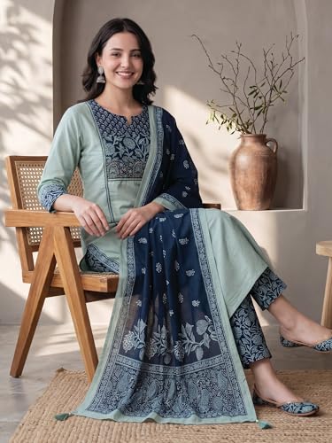 Image of INDO ERA Women's Straight Pure Cotton Floral Self Design Kurta & Pant With Dupatta Set | Kurta Sets For Woman