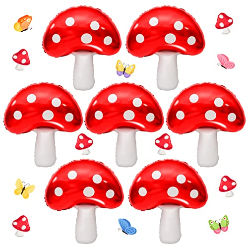 Ospvcwk 7 Pcs Cute Mushroom Balloons - 31 x 21 Inch Large Mushroom Aluminum Foil Balloons, Easy to Inflate, Fun Mushroom Birthday Forest Plant Theme Party Decorations Supplies
