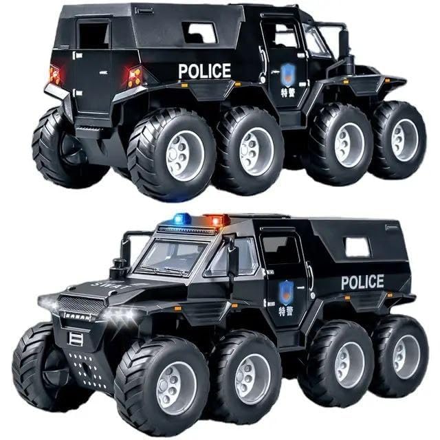 Image of 1:28 Scale Big Police Truck 8X8 Metal Diecast Toy Car for Kids with Openable Doors, Sound, Light Effects, Black
