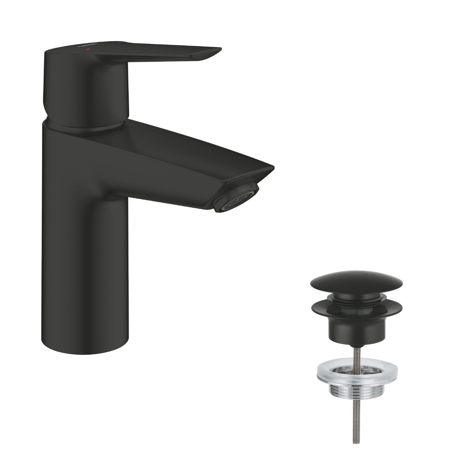 GROHE Start, Waschtischarmatur wassersparend (Wasserhahn für das Bad, Badarmatur mit Pop-Up Ablauf, 17cm hoch, mit 3in1 Werkzeug, einfache Installation am Waschbecken), schwarz, 235502432