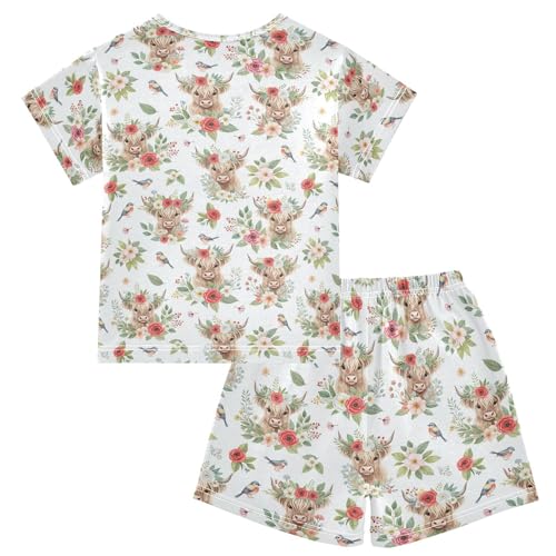 Pajama Short Sets Floral Cows Birds Pattern Soft Cotton Summer Sleepwear 2 Piece PJS Size 5-14T2