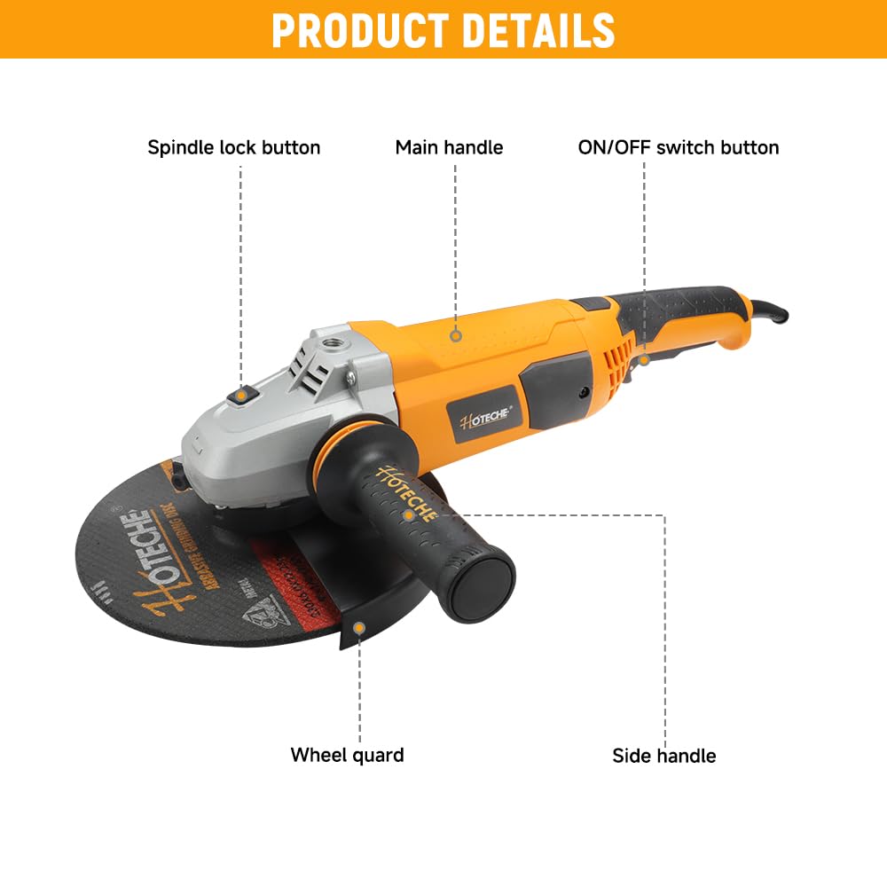 Hoteche Smerigliatrice angolare da 2400 W, 230 mm, con motore in rame, interruttore autobloccante, soft start, 6500 rpm, spina VDE – giallo/nero