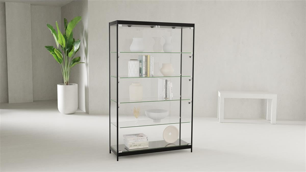 Displays2go 48" Glass Display Case with LED Lights, Lockable Retail & Museum Showcase Cabinet, 4 Shelves, Black Aluminum Frame (LESC4816BK)