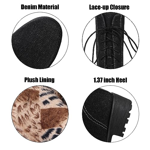 Optigard Women's Lace-up Denim Ankle Boots,Plush Round Toe Causal Non-slip Low Heel Mid-Calf Dress Boots4