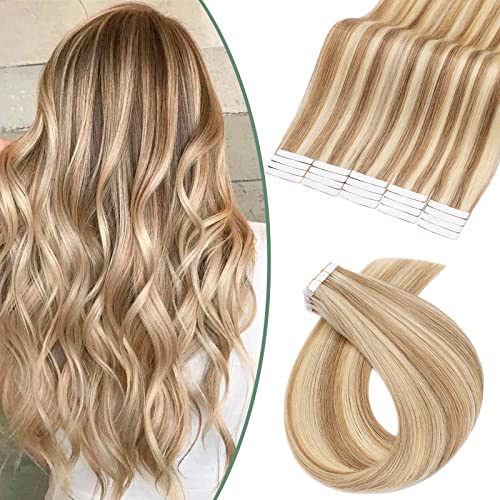 S-noilite Extension Adhesive Cheveux Naturel 20 PCS Type Fin - Rajout Cheveux Humain à Bande Adhésive 30g/Paquet (#12+613 Marron clair Méché Blond Clair, 40 cm)
