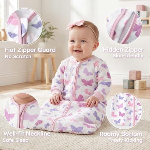 Image of Yoofoss Baby Sleep Sack 6-12 Months 1.0 Tog Long Sleeve Sleep Sack Organic Cotton Wearable Blanket for Infants 2-Way Zipper Quilted Sleeping Sacks(Medium)