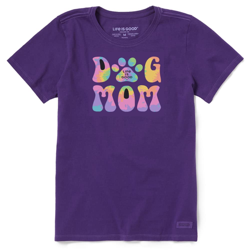Life is GoodWomen's Groovy Tie Dye Dog Mom Short Sleeve Crusher Tee, Size Large, Deep Purple