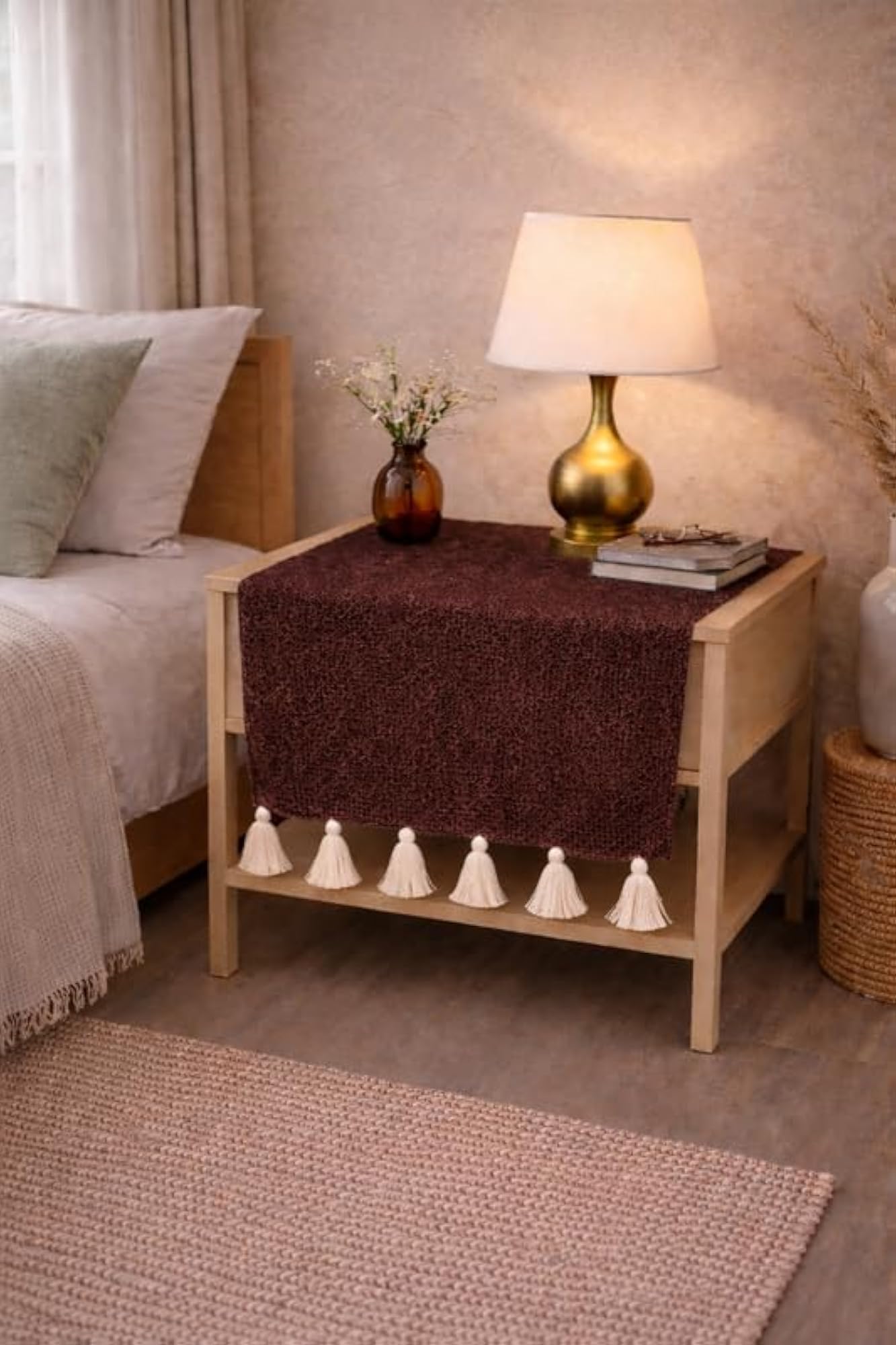Dark Brown Tassel Bedside Table Runner, 14x26 Inches