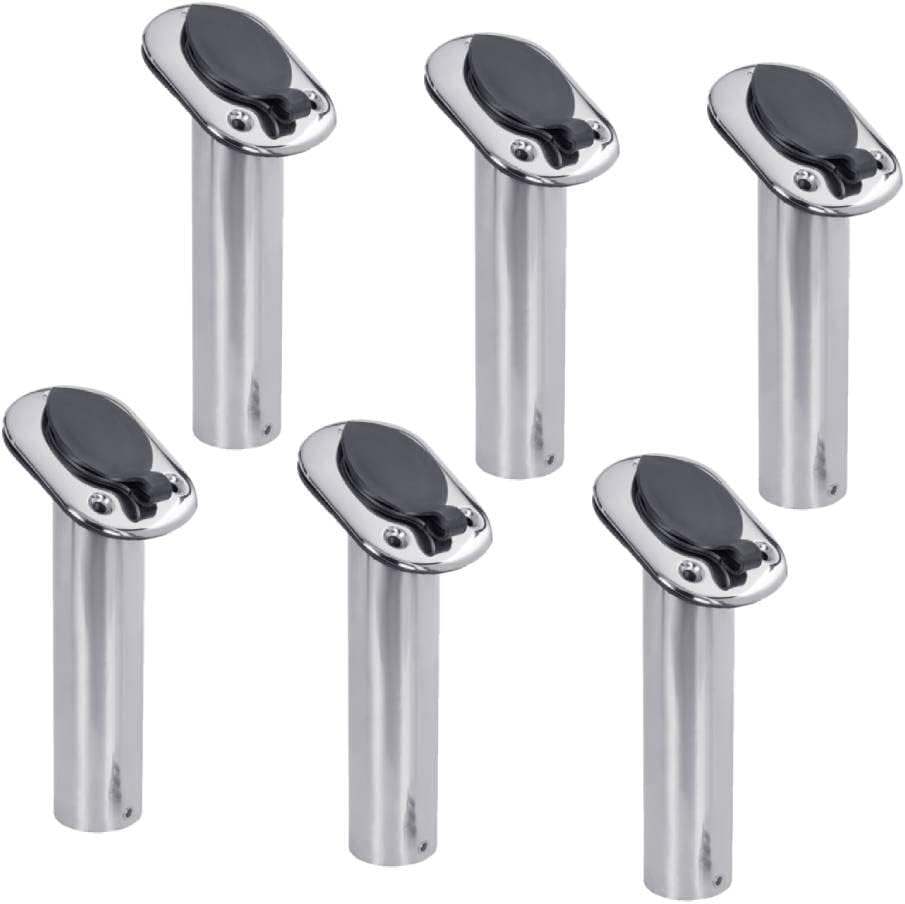 White Water 57739S-6PK Stainless Steel 30° Flush Mount Fishing Rod Holders – Heavy Duty Boat Deck Mount with Black PVC Liner, Cap, Gasket, UV Resistant – 6 Pack