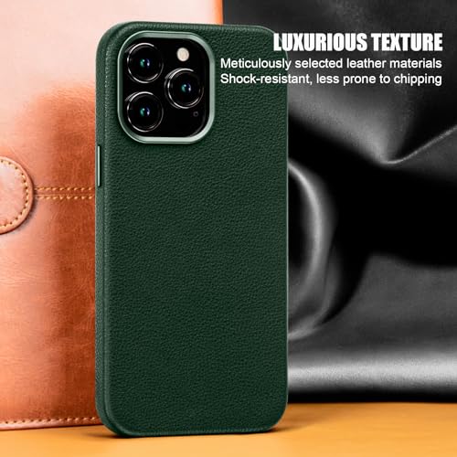 Image of Genuine Leather Case for iPhone 14 Pro Max Compatible with Magsafe Green