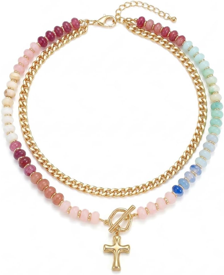 Layered Beaded Cross Heart Pendant Necklaces for Women