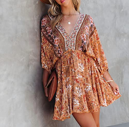 R.Vivimos Womens Summer Floral Dress 3/4 Sleeve Deep V Neck Boho Drawstring Backless Swing Mini Dress3