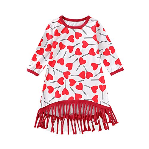 Toddler Baby Girl Valentine's Day Dress Long Sleeve Red Heart Print Tassel Girl Dress Outfits (2-3 Years, Red)