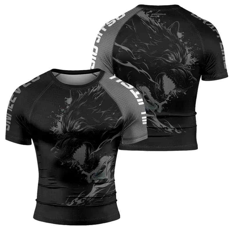 Wolf Men's Compression Shirt Short Sleeve, MMA BJJ Rash Guard Shirt Grappling Jiu Jitsu Training