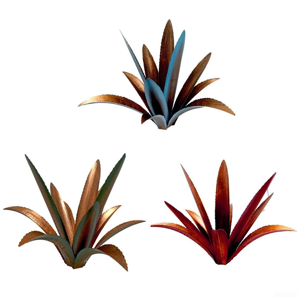 Decorazione per esterni in agave di ferro per giardino e patio, scultura in metallo con viti a forma di H sicure per stabilità e finitura resistente alle intemperie (rosso con asta ad H)