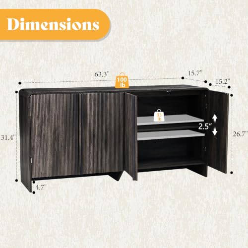 Image of AMERLIFE 63 inch Fluted Sideboard Buffet Cabinet with Storage, Modern Credenza Console with 4 Doors & Adjustable Shelves, Wood Coffee Bar for Kitchen, Living Room, Hallway, Black