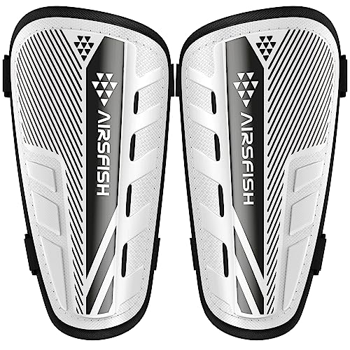 AirsFish Shin Pads Boys CE Certified Kids Shin Pads with Ankle Protection,Breathable Non Slip Extended Adjustable Straps (Black-White