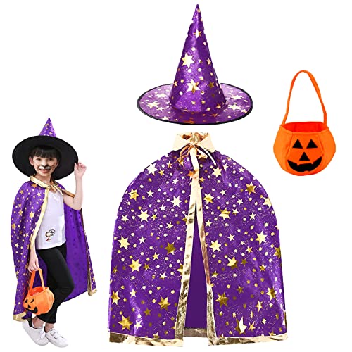 Costume d'Halloween pour enfant - Cape Wizard Cape Witch - Cape avec chapeau de sorcière - Sac à bonbons - Trick ou sac de traite - Pour cosplay - Carnaval, Halloween, fête d'anniversaire (violet) Cover