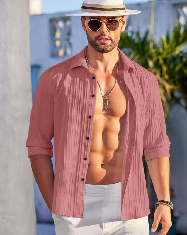 Image of DEELMO Combo of Men's Casual Button Down Shirts Long Sleeve Linen Shirt Fashion Textured Summer Shirts Pack of 2