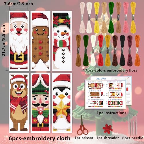 Image of ACRNIGHEET 6PCS Christmas Cross Stitch Bookmark Kit for Beginner Stamped Cross Stitch Kits for Adults DIY Embroidery Bookmark Kits with English Instructions Hand Craft Gift 8.5''x3'' 11CT