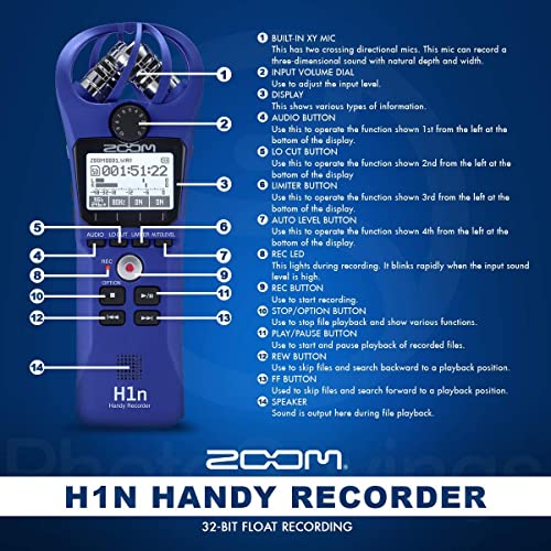 Zoom H1N 2-Input / 2-Track Portable Handy Recorder With Onboard X/Y Microphone (Blue) + Xpix Professional Lavalier Microphone, Stereo Headphones, 32Gb Sd Card, Aaa Batteries & Charger & Accessories #TOP2