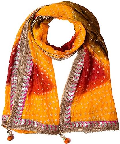 PK HUB Women's Silk Jaipuri Rajasthani Bandhani Bandhej Heavy Dupatta with Gota Work and Latkan