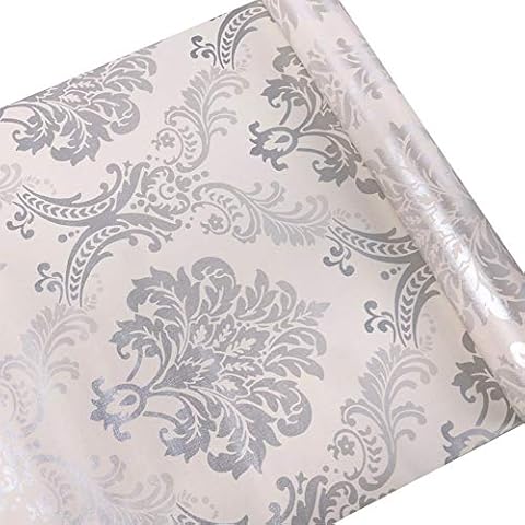 Lependor Silver Damask Peel and Stick Wallpaper Easily Removable Printed Stick Wall Paper Decorative Self Adhesive Shelf Drawer Liner Roll - (0.45 x 3 m, Silver Damask) Cover