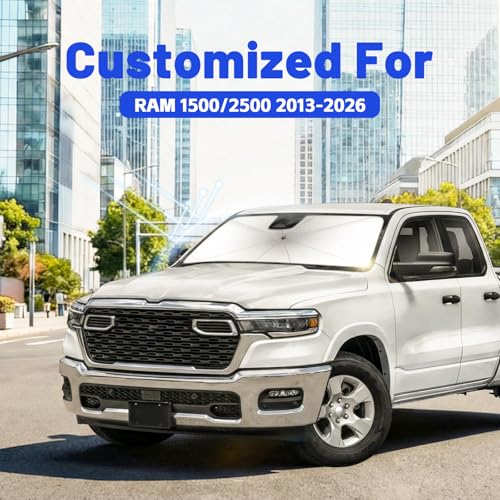 Image of Windshield Sun Shade for RAM 1500 /2500 2013-2026, Umbrella Car Shades with 360Rotating Shaft, Foldable Front Window Sunshade for UV & Heat Protection