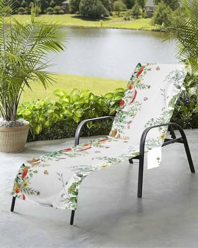 Eucalyptus Mushroom Beach Chair Towel Covers for Chaise Lounge With Side Pocket, Soft Plush Pool Towels Cover for Patio Sunbathing Outdoor 29''x85'' Botanical Flower Plant Farm