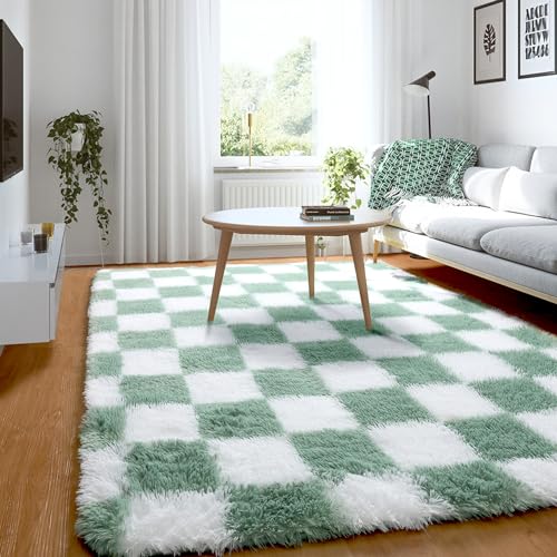 Image of KICMOR Rugs for Bedroom Living Room, 3x5 Fluffy Soft Checkered Shag Area Rug Fuzzy Shaggy Plush Bedside Small Carpet, Sage Green and White Rug for Kids Boys Girls Dorm Nursery Home Decor Aesthetic