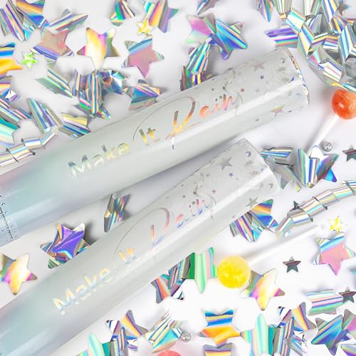 image for PrimePure Confetti Cannon Party Poppers - Holographic Silver Stars Con
