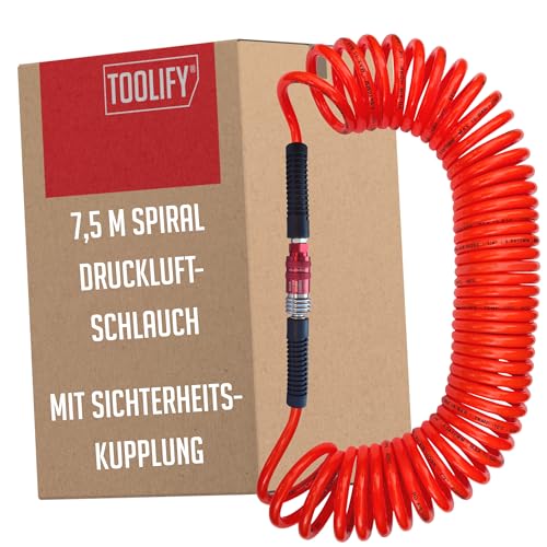 TOOLIFY leichter Druckluft Spiralschlauch 7 5 m mit Sicherheitskupplung für Kompressor | Pneumatik Schlauch PU flexibel bis -10 C | knickfest | ölbeständig | selbst zusammenziehend | max 10 bar
