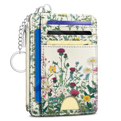 Image of Kelvoris Wildflower Credit Card Holder Small Wallet Women Flowers Slim RFID | Keychain, Zipper Coin Pocket, Front Pocket Thin Travel Card Case, Minimalist, 6 Card Slots, 1 ID Window, Ladies Gifts Woman