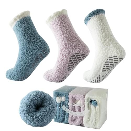 Image of Bulinlulu Fuzzy Socks With Grips for Women 3 Pairs Non Slip Hospital Socks Sleep Warm Fluffy Slipper Socks with Grippers