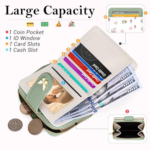 Image of BIAOTIE Wallet for Women Cute Floral Flower Wallet RFID Credit Card Holder Purse Small Bifold Zipper Coin Pocket Purse with ID Windows (Butterfly Green)