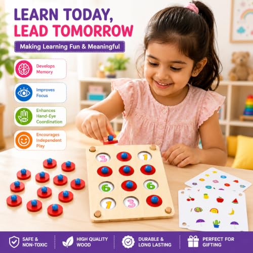 Image of PLUSPOINT Wooden Memory Matching Puzzle Game for Kids | Montessori Memory Match Board with Color Pattern Cards | Educational Brain Training Toy for Preschool Early Learning Age 3+