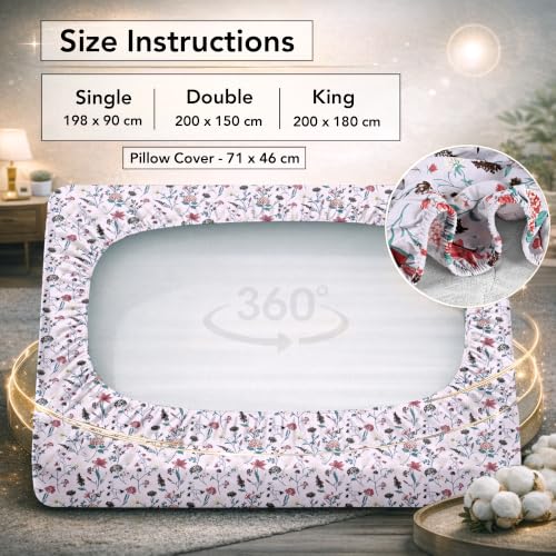 Image of Divine Casa King Size Fitted Bedsheet with 2 Pillow Covers (200 x 180 CM) | Cotton Twill Satin Floral Print |Rose Pink Elastic Fitted Sheet for Mattress.