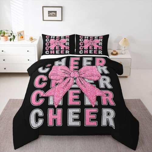 Image of Feelyou Pink Bowknot Cheer Comforter Set All Season Cheerleading Bedding Set with 1 Pillow Cases Glitter Cheerleader Microfiber Kids Twin Bedclothes Cheer Bow Bedroom Decor Duvet Quilt Soft